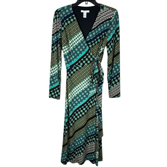 London Times Boho Midi Wrap Dress Sz 8 Long Sleeve Geo Print Hippie 70s Fall - Picture 1 of 7